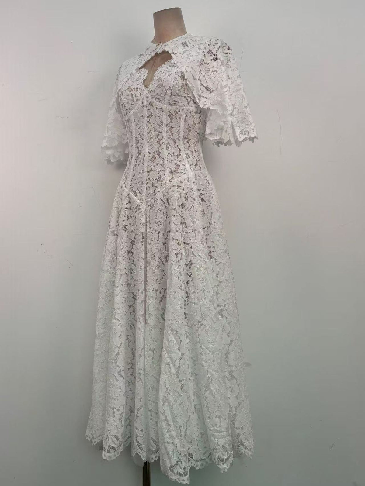 White Floral Lace A-Line Midi Dress with Keyhole Neckline