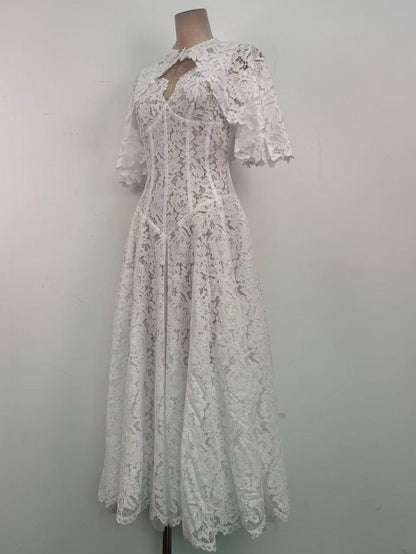 White Floral Lace A-Line Midi Dress with Keyhole Neckline