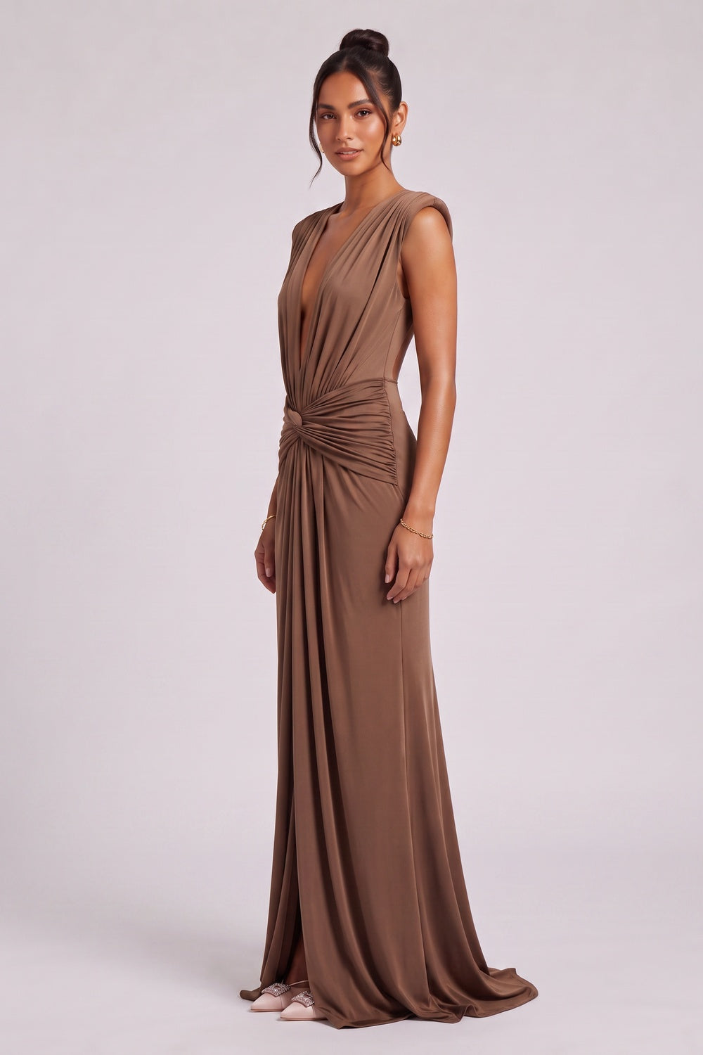 Brown Jersey Column Gown with Twist Detail brown jersey gown - product view 4