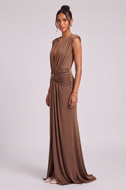 Brown Jersey Column Gown with Twist Detail brown jersey gown - product view 4