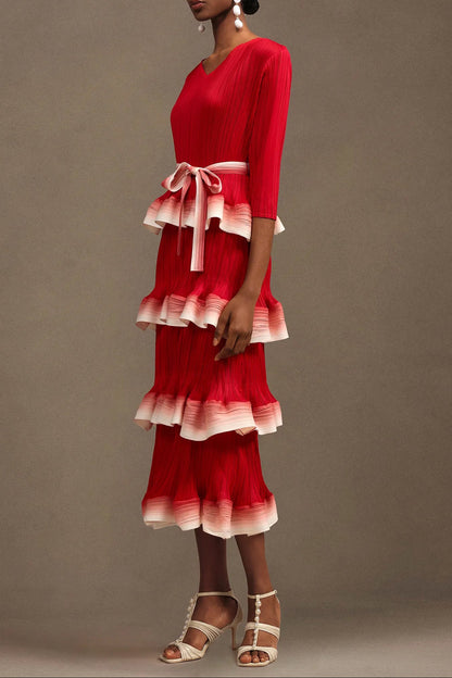 victoria Pleated Round Neck Long Sleeve Falbala Woven Maxi Dress in red