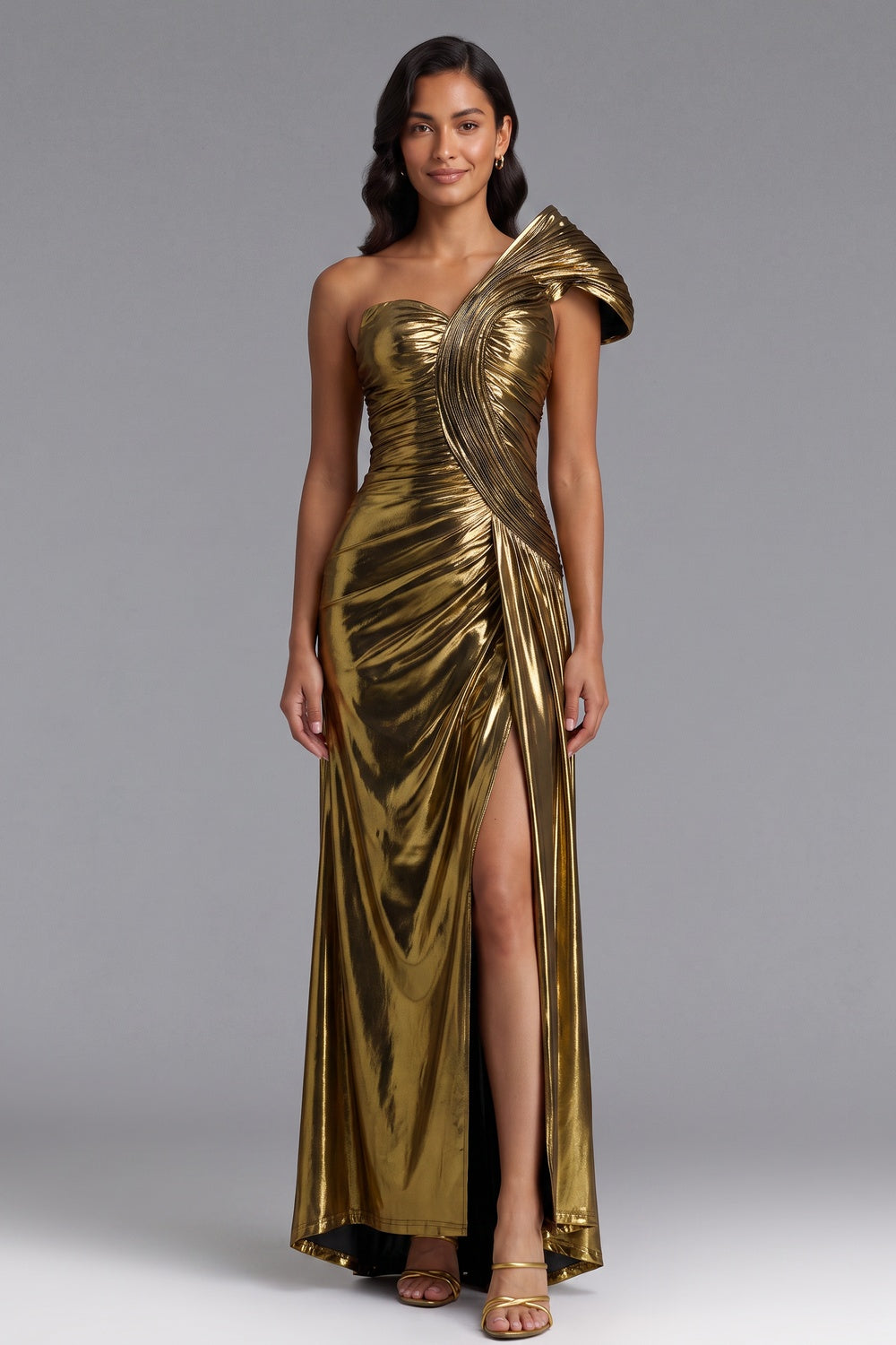Gold Metallic One-Shoulder Maxi Dress Premium Fabric - product view 1