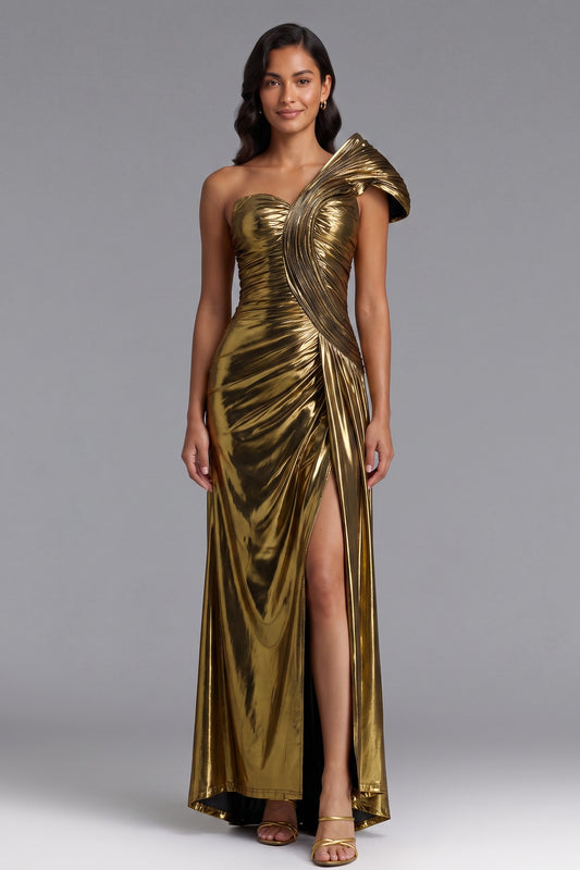 Gold Metallic One-Shoulder Maxi Dress Premium Fabric - product view 1