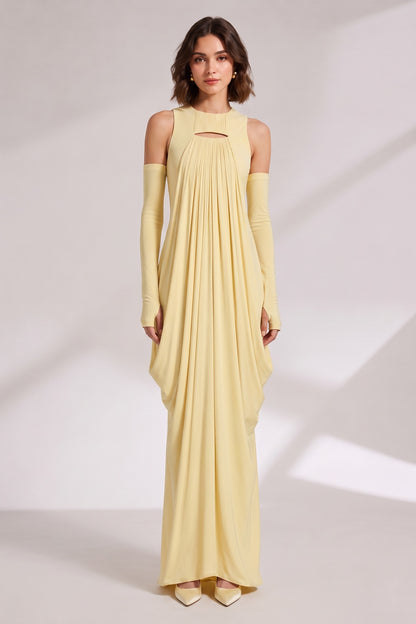 Pale Yellow Keyhole Neckline Maxi Dress Premium Fabric - product view 3