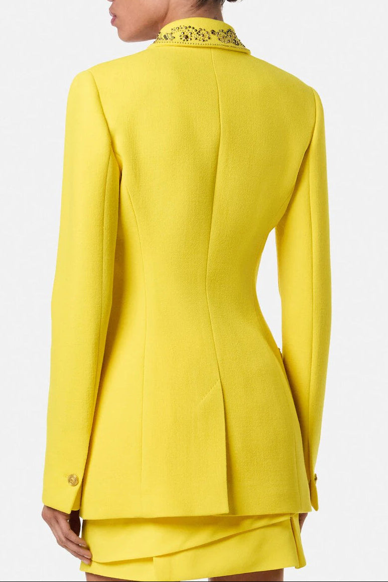 anila Studded Wool Fitted Single-Breasted Blazer in yellow