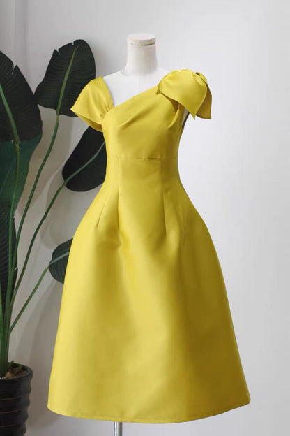 Yellow Asymmetrical Bow Satin Midi Party Dress