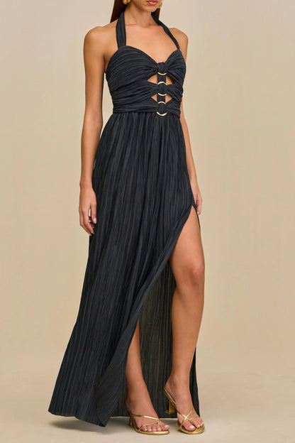 bonnie halter pleated cutout maxi dress in navy blue