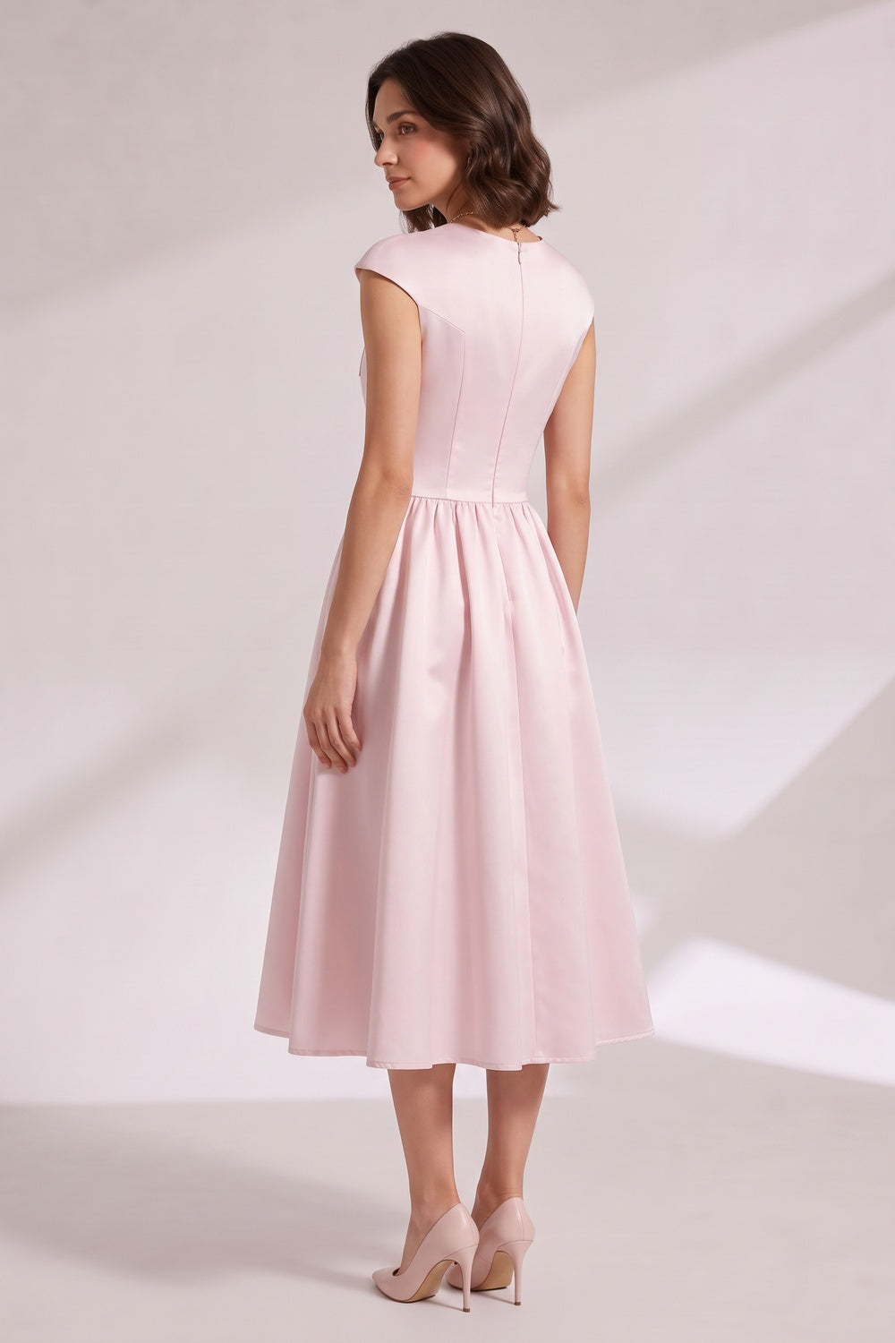 Pink Midi Dress with Cap Sleeves and Back Zipper Premium Fabric - product view 2