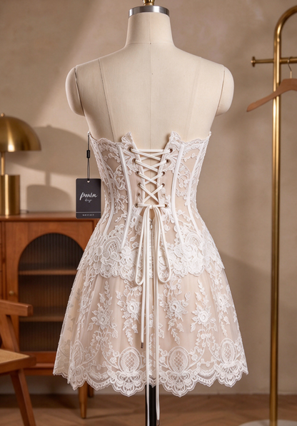 White Floral Lace Fit-and-Flare Corset Mini Dress with Detached Sleeves