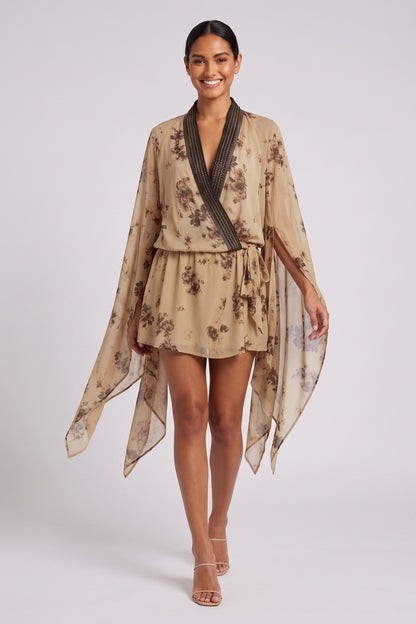 beige chiffon wrap-front blouson with draped cape sleeves mini dress beige, tan chiffon mini dress - product view 1