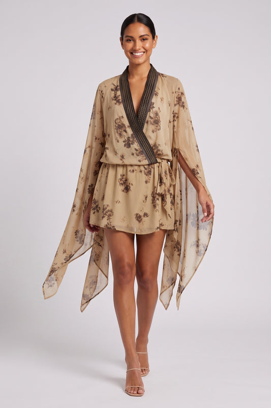 beige chiffon wrap-front blouson with draped cape sleeves mini dress beige, tan chiffon mini dress - product view 1