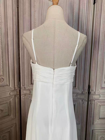 White Chiffon Beaded Empire Waist Evening Gown