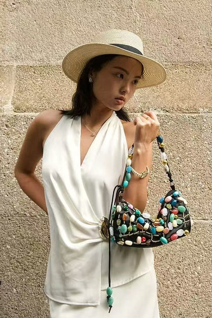 Beaded Crescent Shoulder Bag with Colorful Stone Embellishments