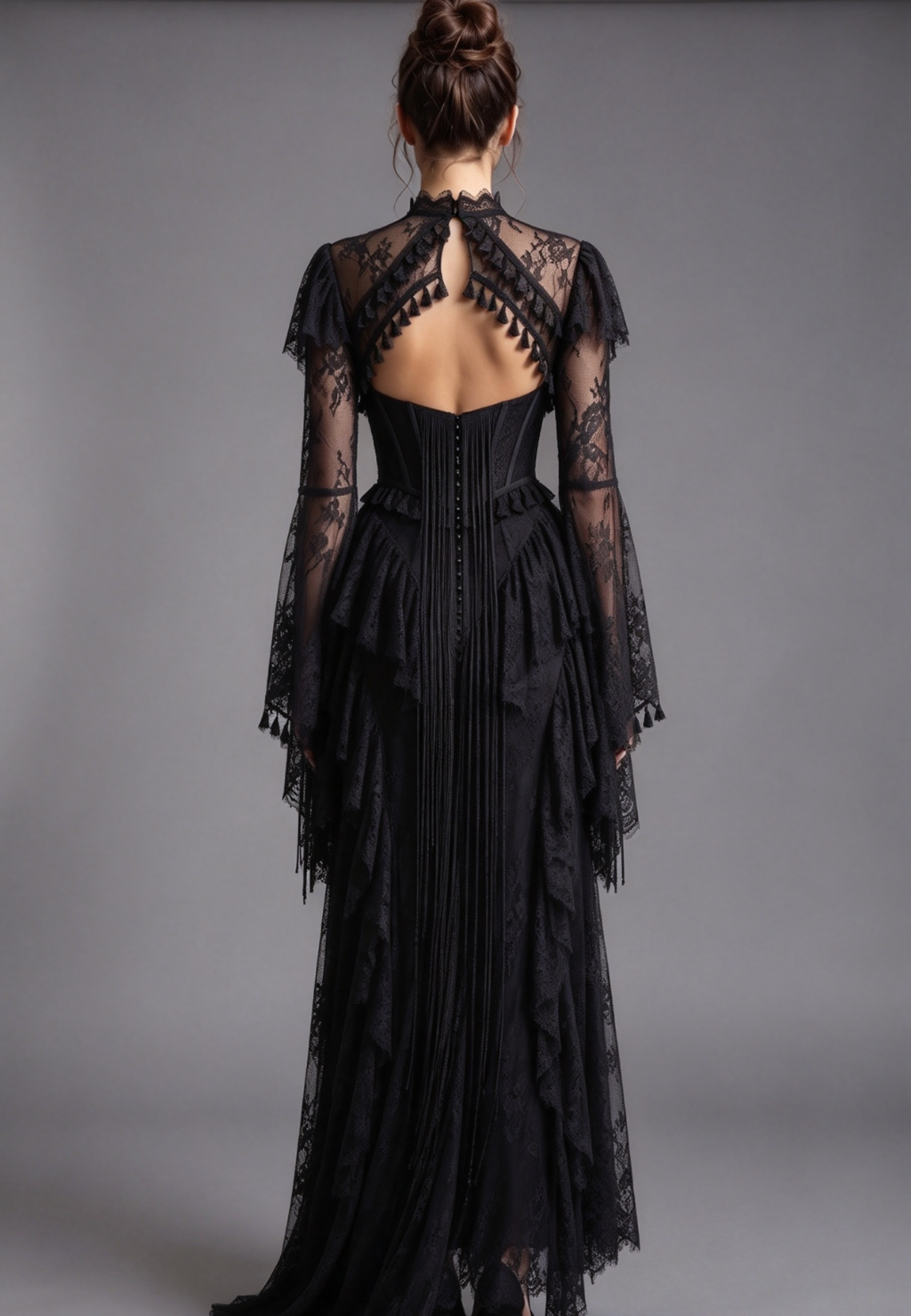 Black Floral Lace A-Line Gown with Structured Bodice and Tiered Skirt
