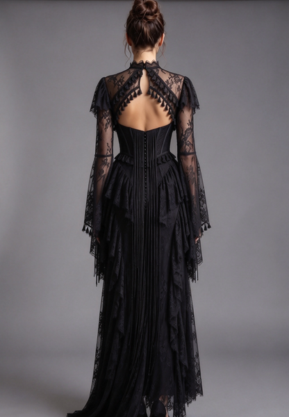 Black Floral Lace A-Line Gown with Structured Bodice and Tiered Skirt