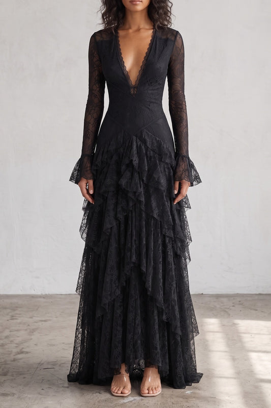 Long Sleeve Deep V Lace Tiered Maxi Dress