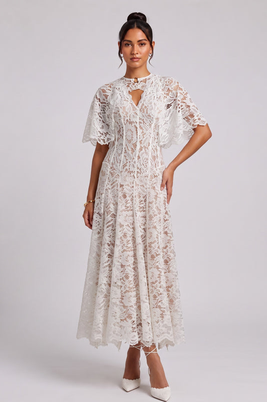 White Floral Lace A-Line Midi Dress with Keyhole Neckline white floral lace dress - product view 1