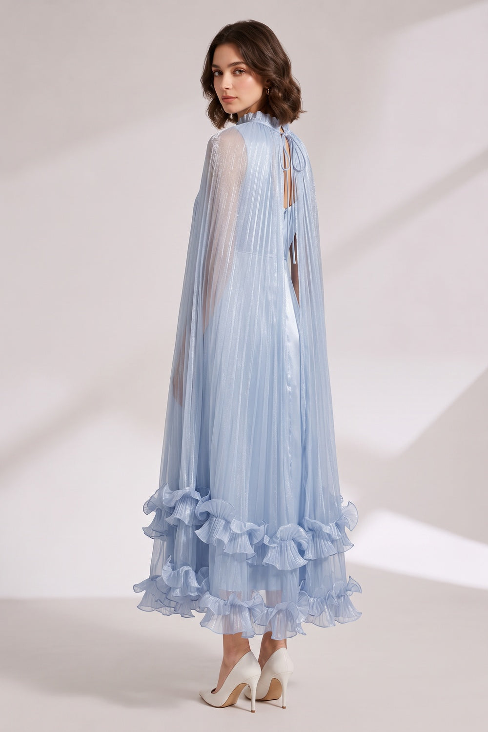 Light Blue Pleated Cape Dress with Tiered Ruffle Hem Premium Fabric - product view 1