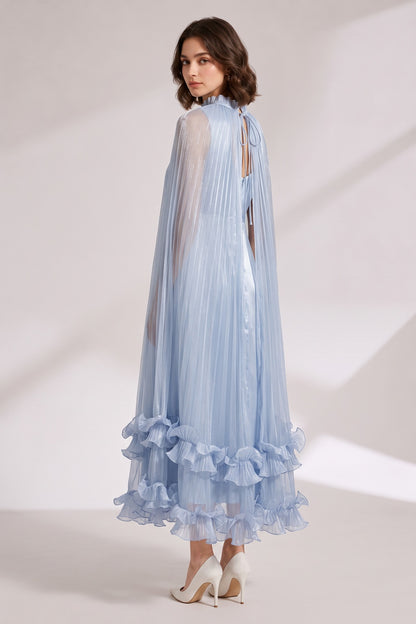 Light Blue Pleated Cape Dress with Tiered Ruffle Hem Premium Fabric - product view 1