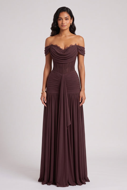 dark brown fine mesh or jersey fitted corset bodice with gathered floor-length skirt gown dark brown fine mesh or jersey gown - product view 2
