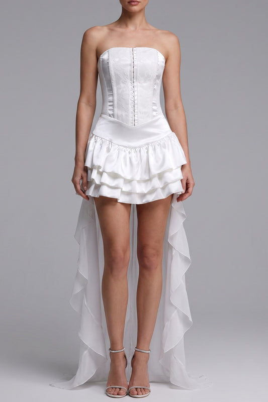 Strapless Textured Corset High Low Ruffle Mini Dress