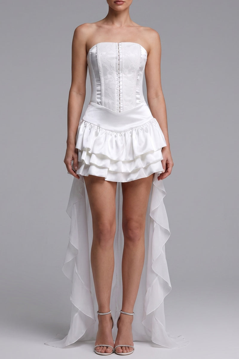 Strapless Textured Corset High Low Ruffle Mini Dress