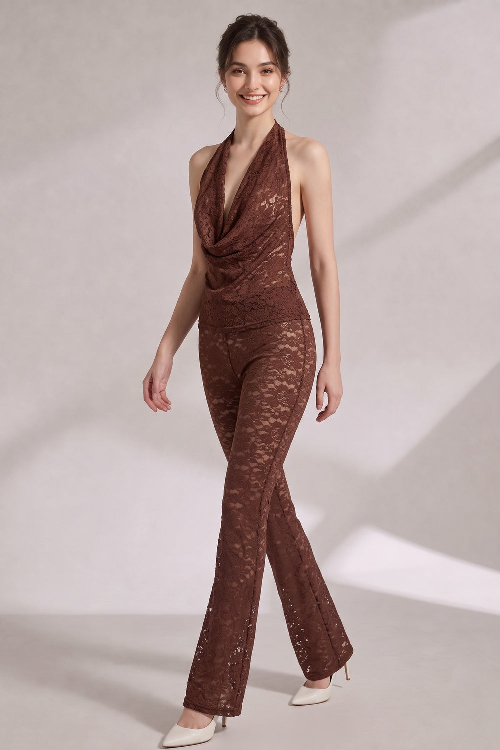 chocolate brown lace fitted halter top with cowl neck; slim-fit pants flaring from the knee two-piece set (halter top and matching pants) chocolate brown lace two-piece set (halter top and matching pants) - product view 1
