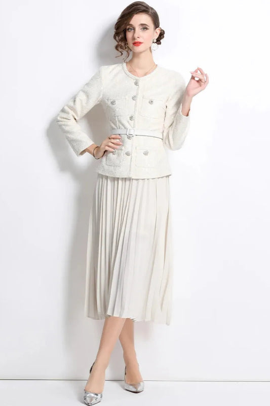 CREAM SEQUIN BOUCLE TAILORED MIDI DRESS