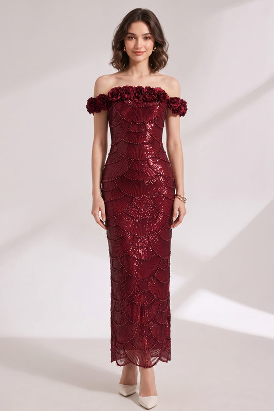 burgundy sequined mesh column gown burgundy sequined mesh gown - product view 1