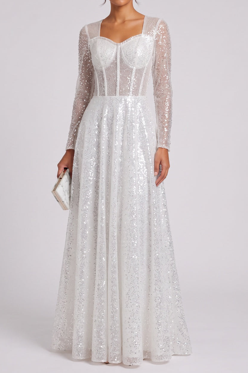 white sequined tulle A-line gown white, silver sequined tulle gown - product view 1