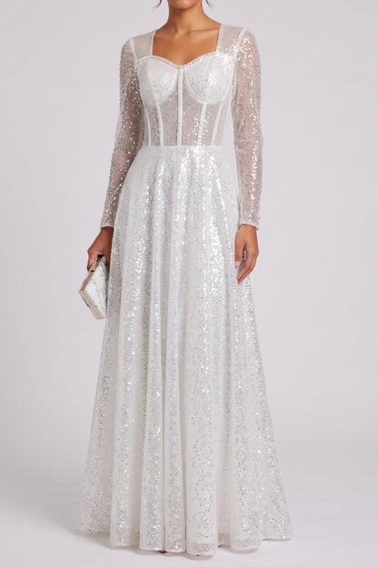 white sequined tulle A-line gown white, silver sequined tulle gown - product view 1