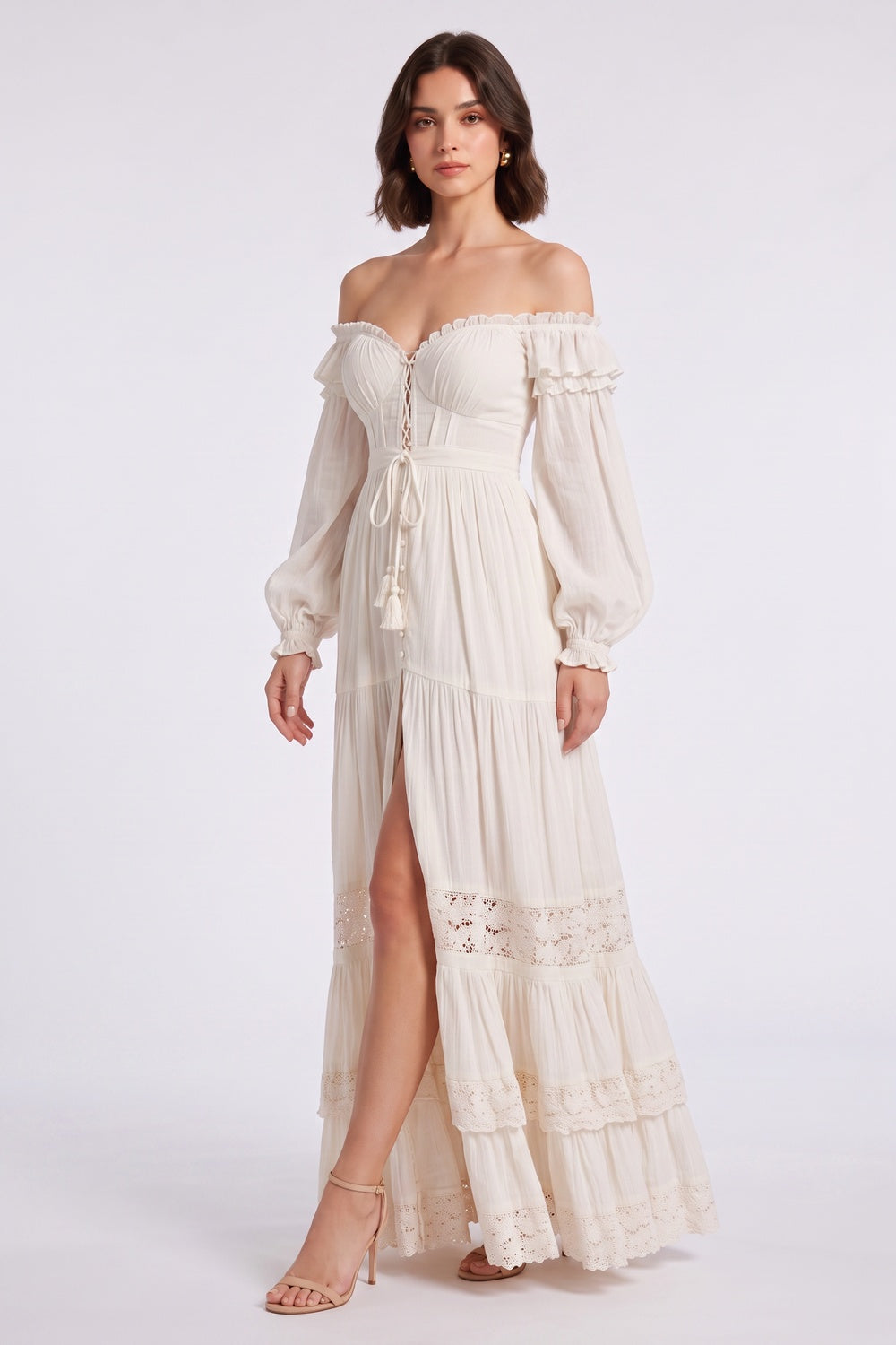 Cream Off-the-Shoulder Tiered Maxi Dress with Lace Trim Premium Fabric - product view 3