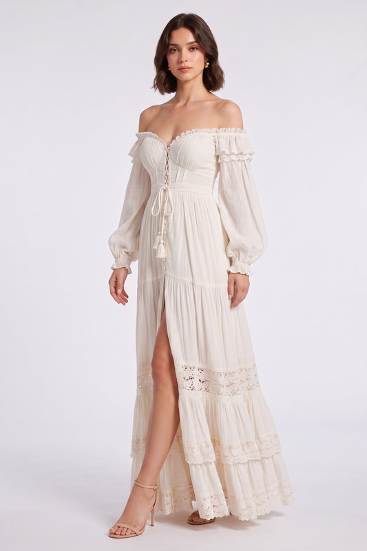 Cream Off-the-Shoulder Tiered Maxi Dress with Lace Trim Premium Fabric - product view 3