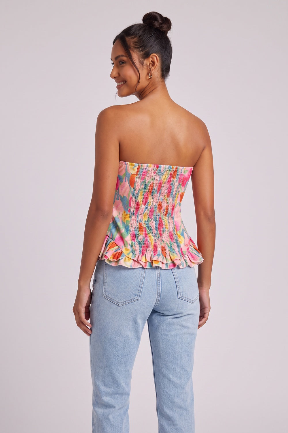 Pink Floral Strapless Corset Top with Peplum pink cotton-blend woven fabric top - product view 5