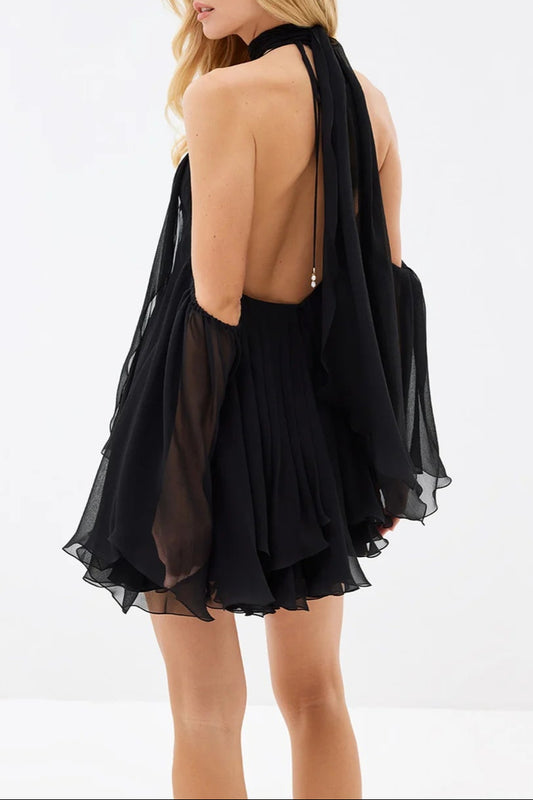 erica Halter Neck Lace-Up Backless Mini Dress - black