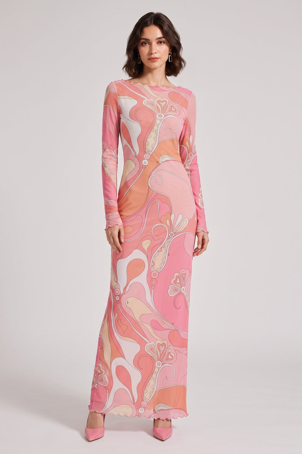 Pink Abstract Print Long Sleeve Maxi Dress with Ruffle Trim Premium Fabric - product view 2