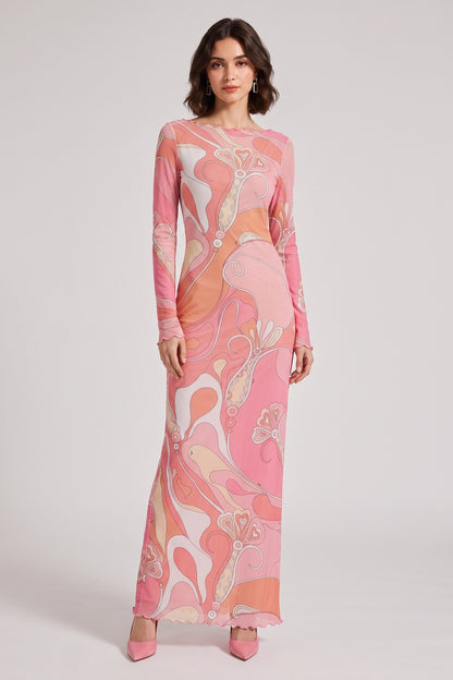 Pink Abstract Print Long Sleeve Maxi Dress with Ruffle Trim Premium Fabric - product view 2