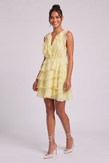 Pastel Yellow Chiffon Fit-and-Flare Mini Dress pastel yellow chiffon dress - product view 4