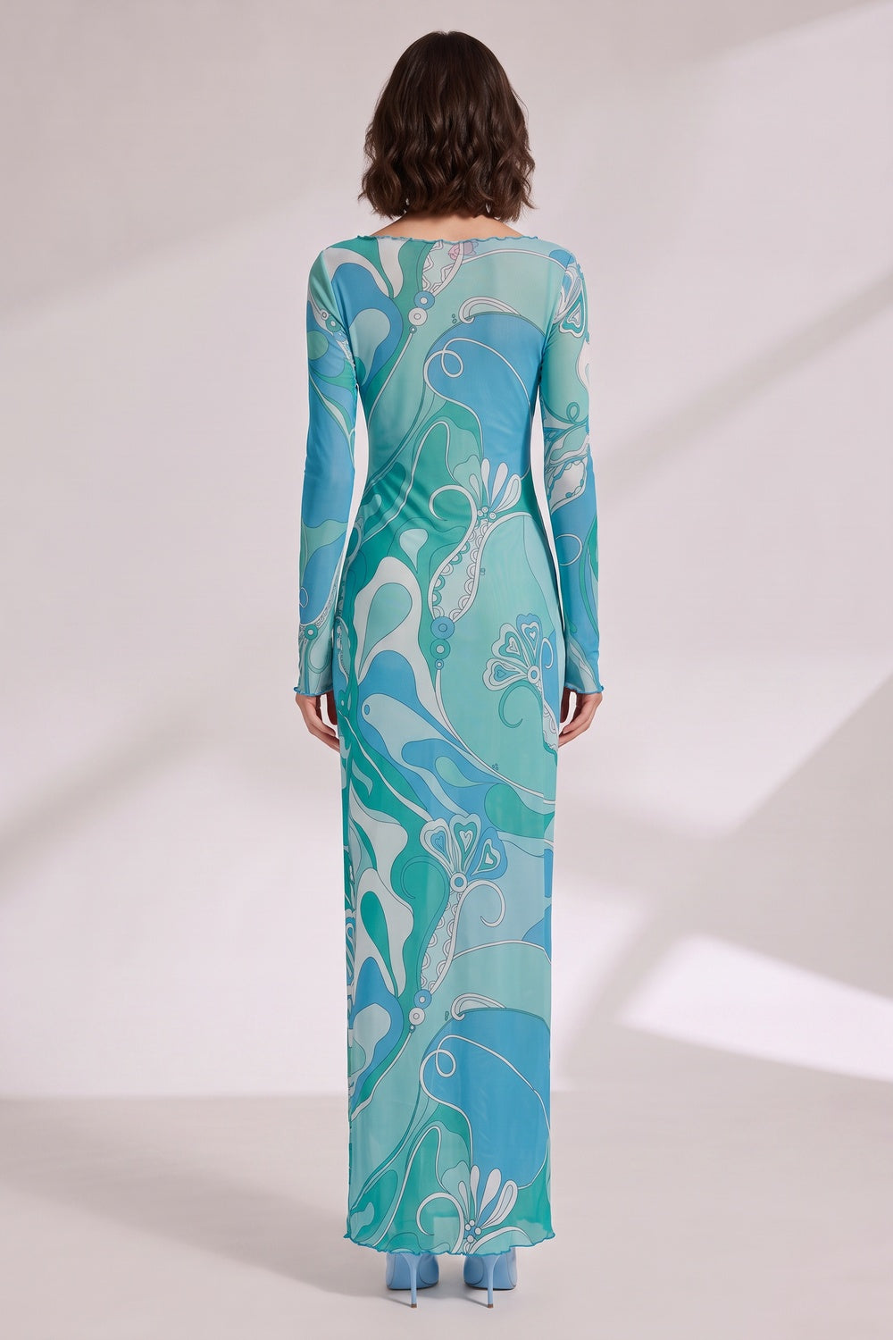 Abstract Wave Print Maxi Dress in Blue and Teal Premium Fabric - product view 3