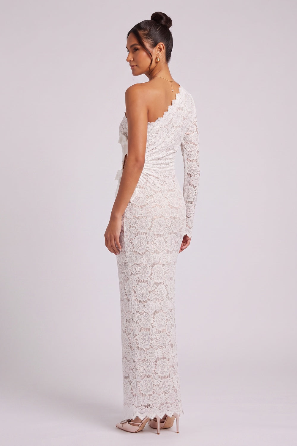 White Floral Lace One-Shoulder Column Gown white floral lace gown - product view 2