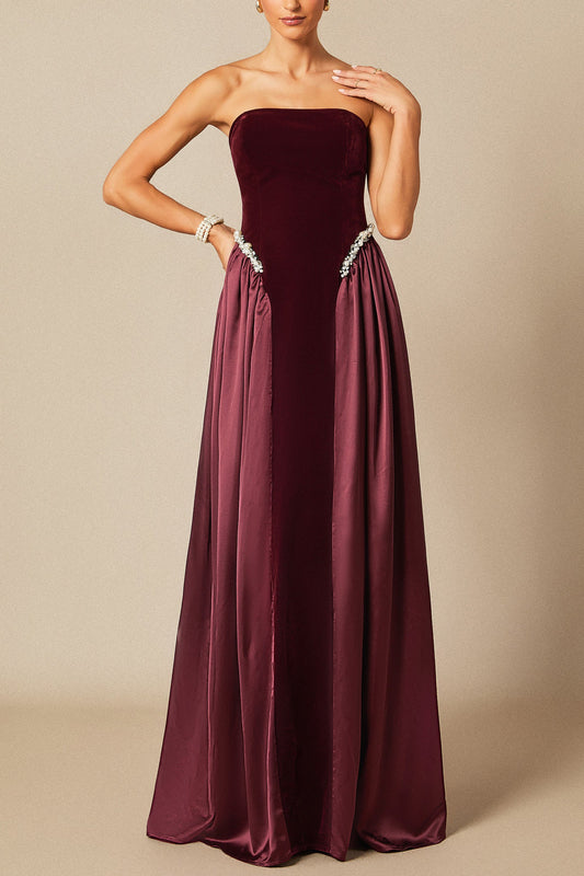samantha burgundy Pearls Embroidered strapless maxi Dress