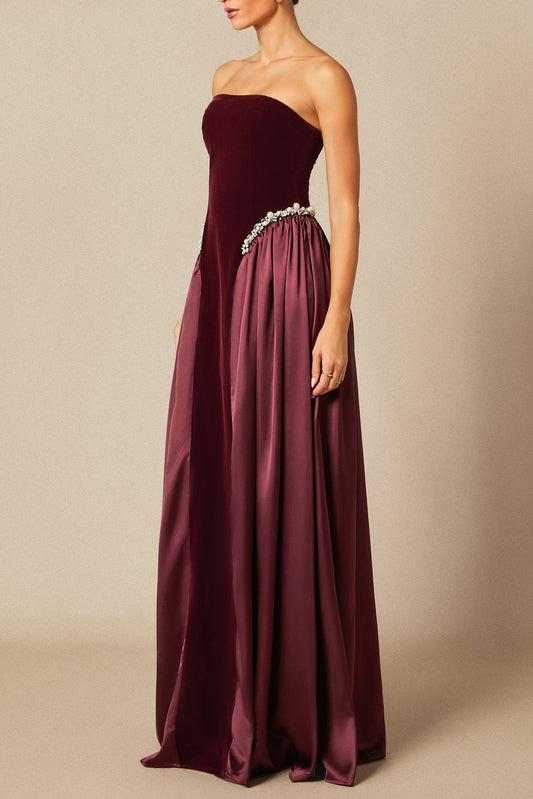 samantha burgundy Pearls Embroidered strapless maxi Dress