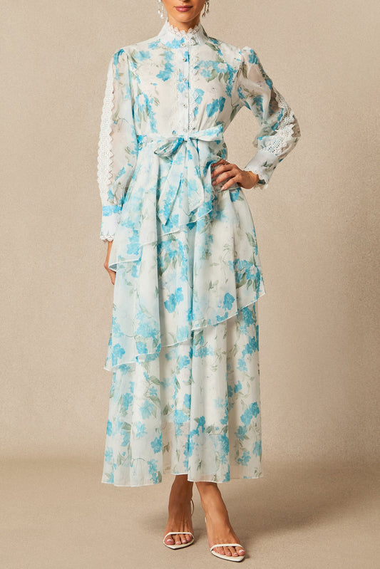 nina blue Chiffon lace trim stand-collar dress with layered ruffles