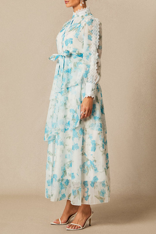 nina blue Chiffon lace trim stand-collar dress with layered ruffles