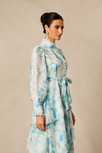 nina blue Chiffon lace trim stand-collar dress with layered ruffles