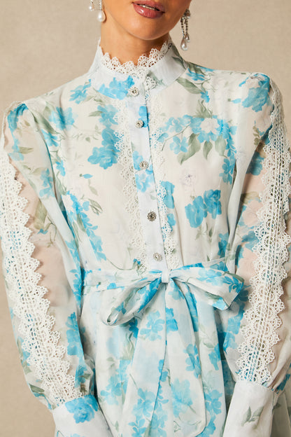 nina blue Chiffon lace trim stand-collar dress with layered ruffles