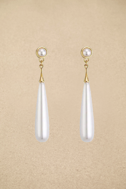 Small Round Pearl Top Teardrop Pearl Long Drop Gold Earrings