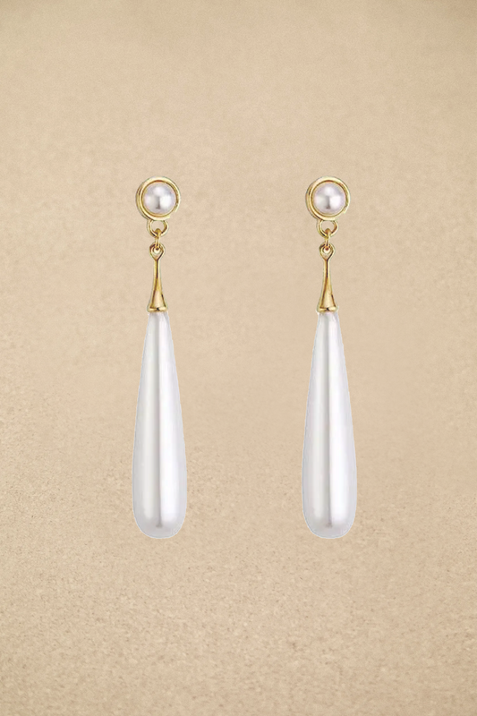 Small Round Pearl Top Teardrop Pearl Long Drop Gold Earrings