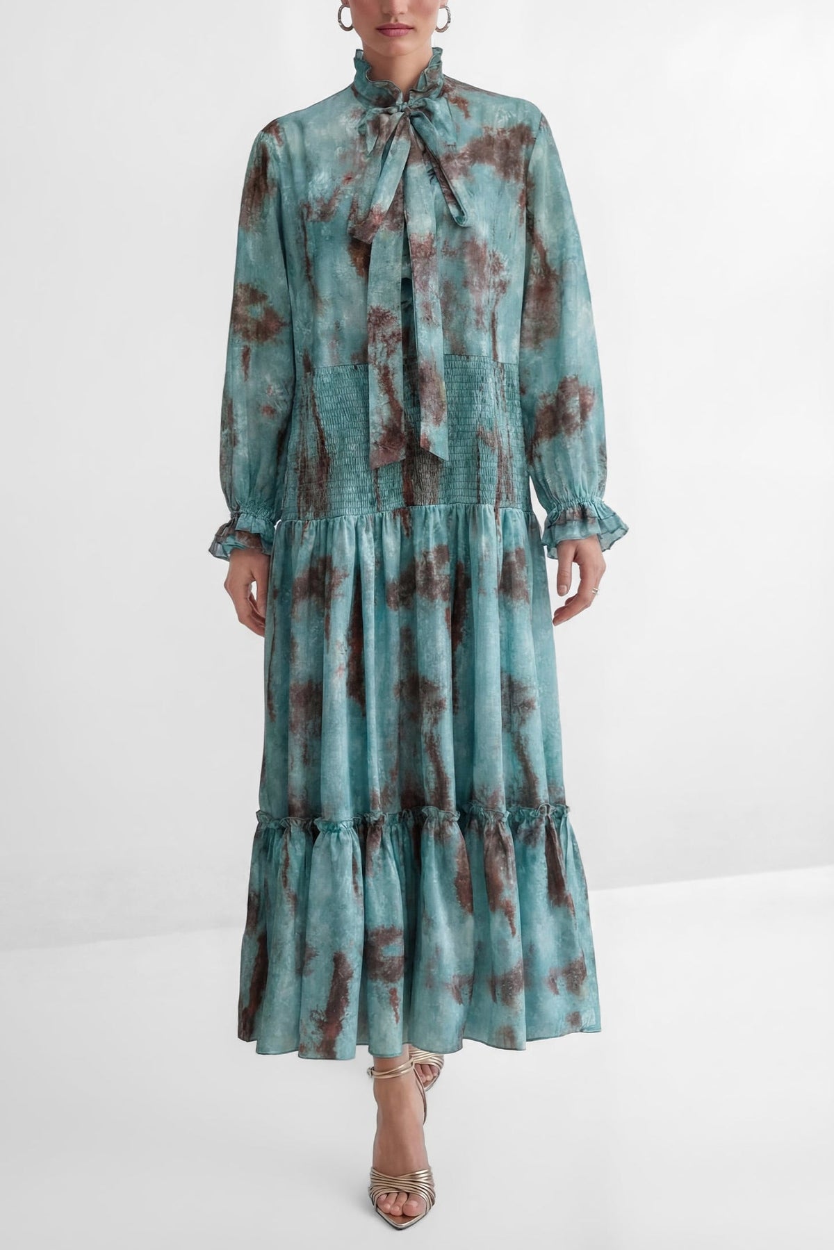 kristin Teal Printed Tiered Ruffle Maxi Dress - green