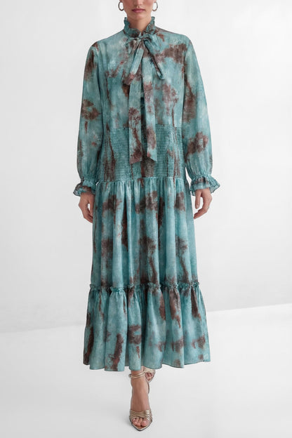 kristin Teal Printed Tiered Ruffle Maxi Dress - green